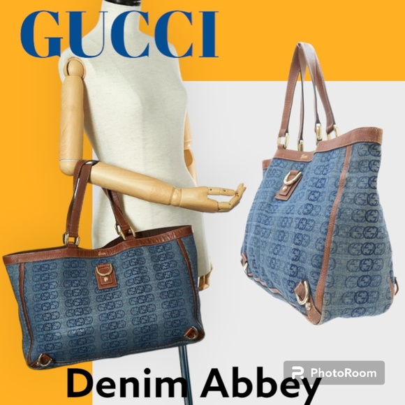 Gucci Handbags - GUCCI Blue GG  Denim Leather Abbey D Ring Shoulder Tote